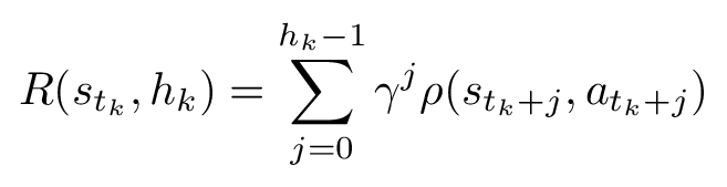 Chunk reward is the sum of gamma to j times the step reward rho, from j equals zero to h k minus one.